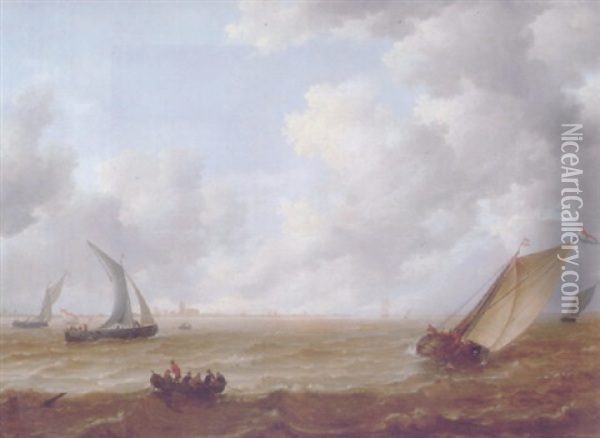 A Wijdschip Tacking Offshore In A Stiff Breeze With A Smalschip And Sailors In A Rowing Boat Nearby, On A Cloudy Day Oil Painting - Jeronymus Van Diest