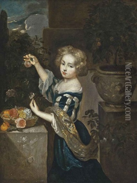 Portrait Of A Young Girl Wearing A Blue Velvet Dress And Holding Two Pink Roses, In A Garden Oil Painting - Caspar Netscher