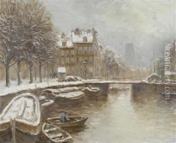 Canal Landscape In Winter. Oil Painting - Louis Apol