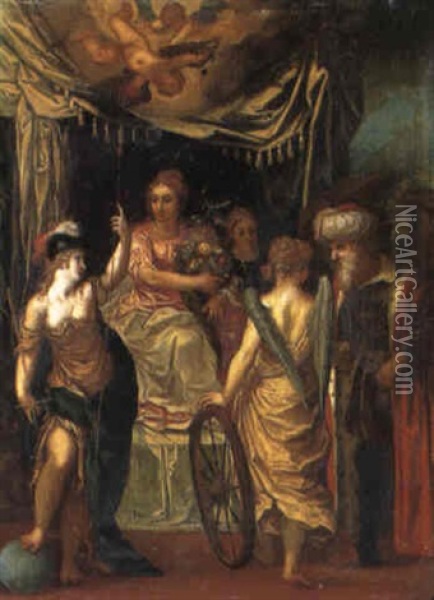 An Allegory With A Merchant, Bellona & Fortuna Before Enthroned Abundance Oil Painting - Hendrik van Balen the Elder