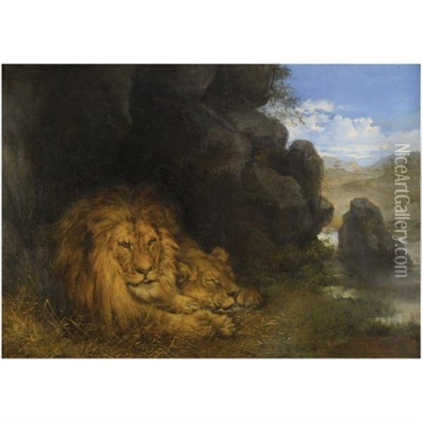 Two Lions In A Cave Oil Painting - Wilhelm Friedrich Kuhnert