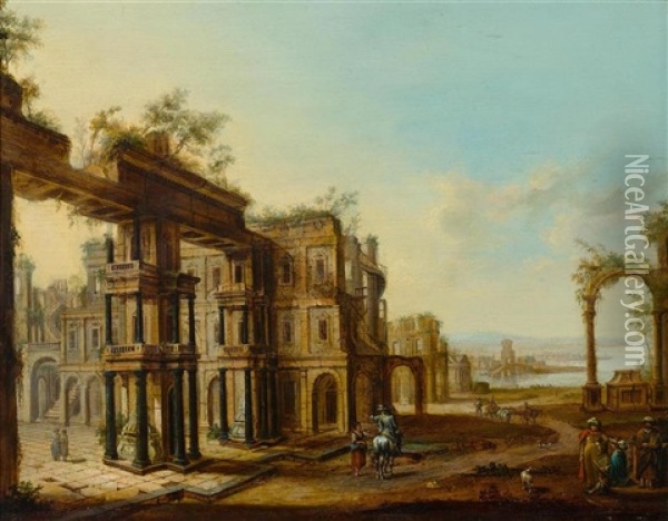 An Architectural Landscape With Figures And An Artist Sketching Oil Painting - Christian Stoecklin