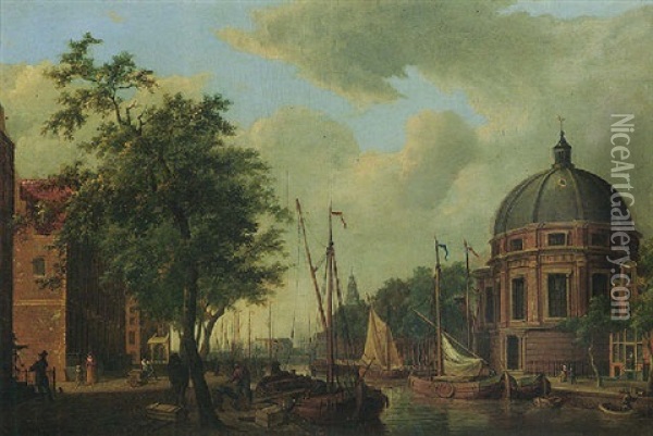 Amsterdam, A View Of The New Round Lutheran Church On The Singel, From The Canal Oil Painting - Cornelis de Kruyff