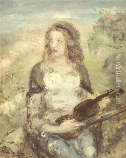 Young Woman In Romantic Landscape Oil Painting - Aurel Naray