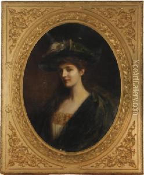 Portrait Of A Young Beauty In A Green Hat And Robe Oil Painting - Albert Lynch