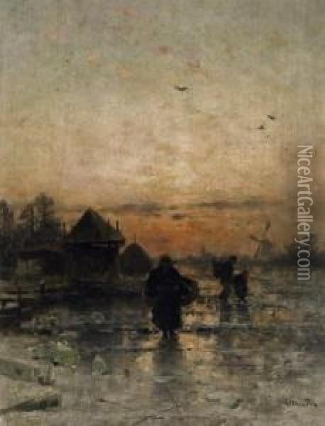 Winter Evening In Holland. 
Farmers Returning Home On A Snowy Road. Signed Bottom Right: L. Munthe Oil Painting - Ludwig Munthe