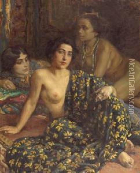 Three Moroccan Women. Oil Painting - Carlo Wostry