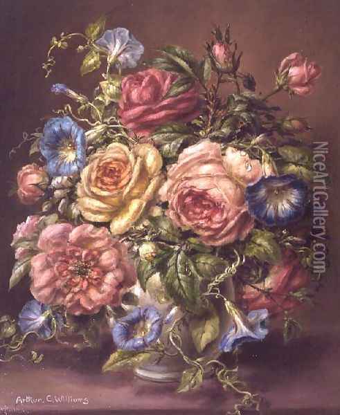 Roses and Columbines in a vase Oil Painting - Arthur Conway Williams