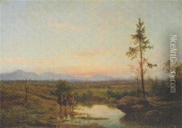 A Family Crossing A River In A Hilly Landscape At Dusk Oil Painting - Cornelis Lieste