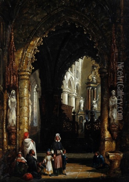 Interior St. Sebald Herenthals; Cathedral Freiburg, Germany (pair) Oil Painting - Henry Schafer