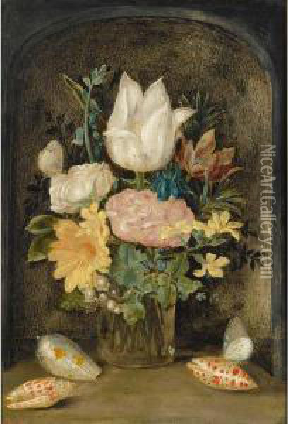 A Still Life With A Tulip, Roses
 And Other Flowers In A Glass Vase, Together With Two Butterflies And 
Three Shells, In A Stone Niche Oil Painting - Ambrosius the Younger Bosschaert