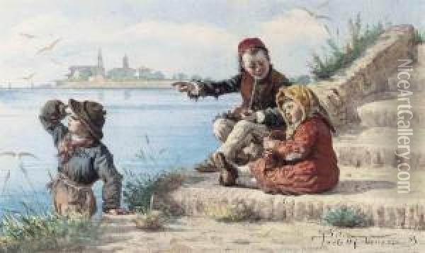 Children On A Venetian Shore, The Island Of San Giorgiobeyond Oil Painting - Sylvius D. Paoletti