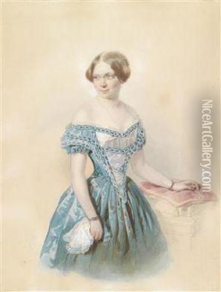 Portrait Of A Young Woman In A Blue Dress Oil Painting - Johann Horrak