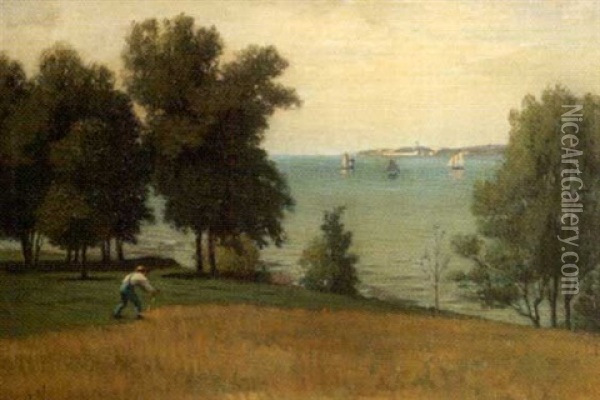 Landscape With A Man Scything Grass On A Hill Overlooking A Harbor Oil Painting - Frank Hill Smith