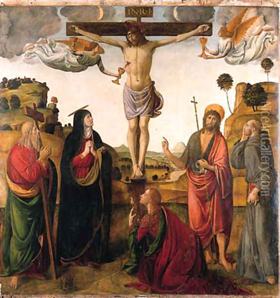 The Crucifixion with the Madonna, Saints John the Baptist, Mary Magdalen, Andrew and Francis Oil Painting - Cosimo Rosselli