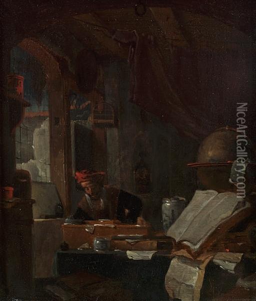 A Scholar In An Interior Oil Painting - Thomas Wyck