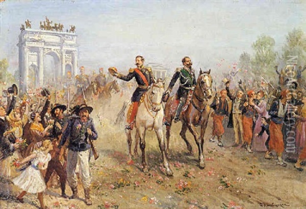 Vittorio Emanuele Ii E Napoleone Iii Entrano A Milano Oil Painting - Giacomo Mantegazza