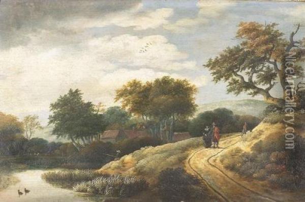 Hollandische Landschaft Am Abend. Oil Painting - Roelof van Vries