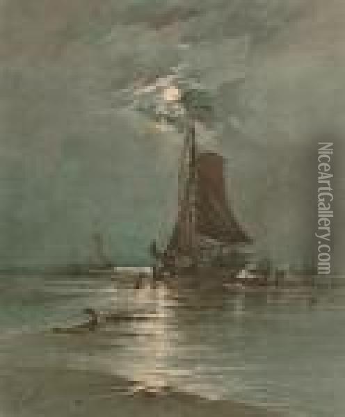 Fishing Boats At Low Tide By Moonlight Oil Painting - Albert Ernest Markes