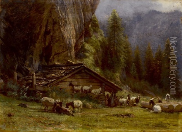 Ziegen Vor Einem Chalet Oil Painting - Johann-Joseph Geisser