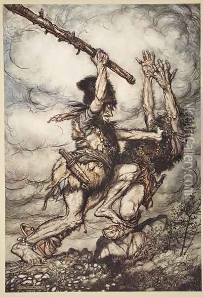 Fafner kills Fasolt, illustration from The Rhinegold and the Valkyrie, 1910 Oil Painting - Arthur Rackham