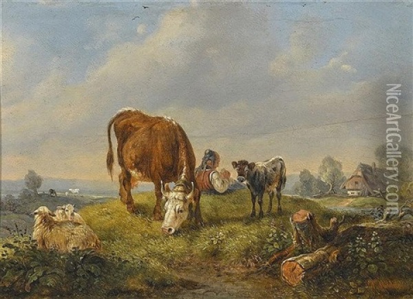Hirtin Mit Vieh Auf Der Weide Oil Painting - Wilhelm Melchior