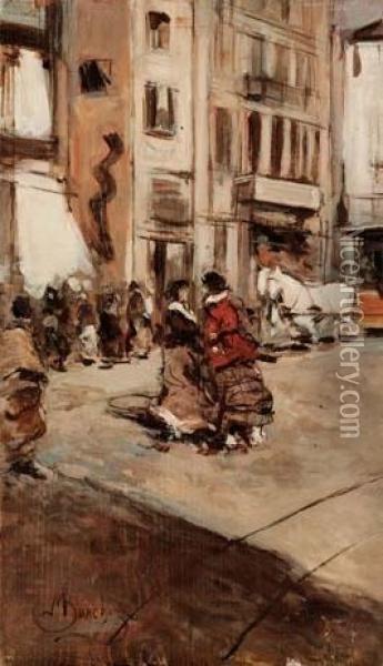 Veduta Milanese Con Tramvai A Cavalli - 1885-1890 Circa Oil Painting - Mose Bianchi