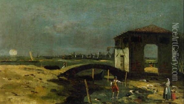 A Farmhouse By A Bridge On An Island In The Veneto At Dawn Oil Painting - Bernardo Bellotto