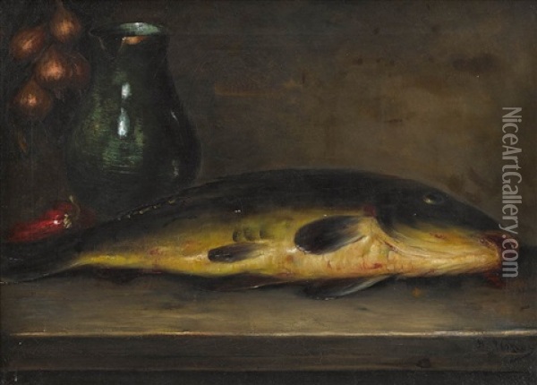 Fischstillleben Mit Krug, Zwiebel Und Paprika Oil Painting - Nicolai Vokos