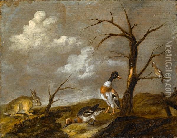 A Rabbit With Wildfowl In A Landscape Oil Painting - Jacobes Vonck