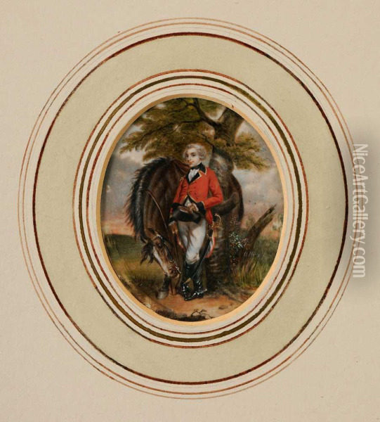 Miniature Portrait Of An Officer Standing With Horse Oil Painting - O. Hogg