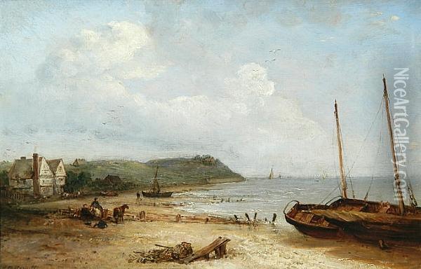 Beached Vessels At Felixstowe Sands Oil Painting - Edward Robert Smythe