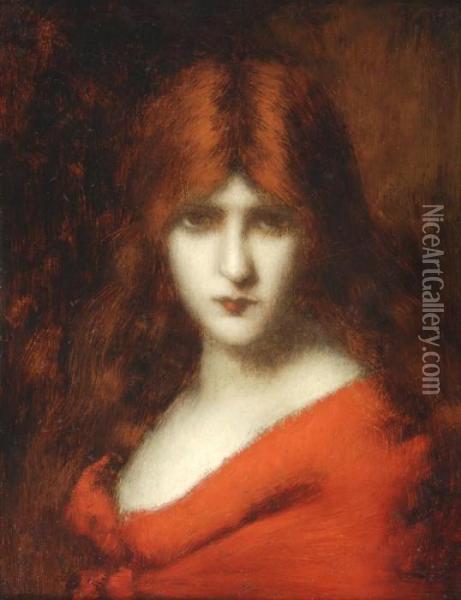 Portrait De Femme A La Robe Rouge Oil Painting - Jean-Jacques Henner