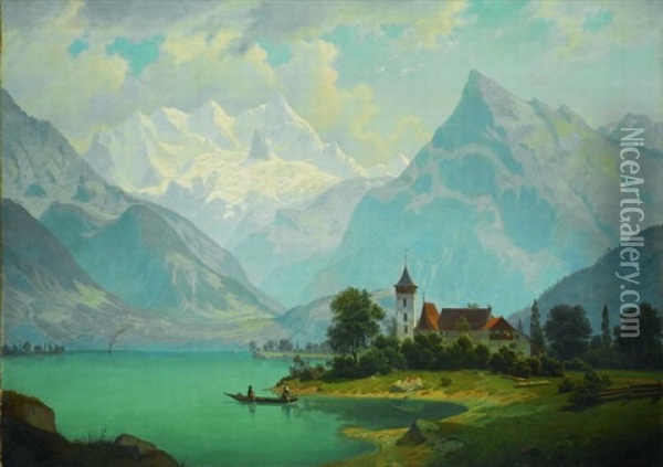 Ansicht Des Thunersees Mit Scherzlingen Oil Painting - Johannes Bartholomaeus Duntze