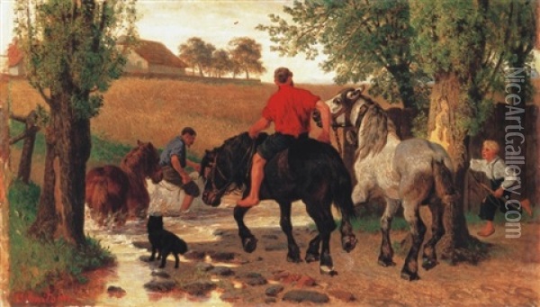 Crossing The Stream Oil Painting - Teuwart Schmitson