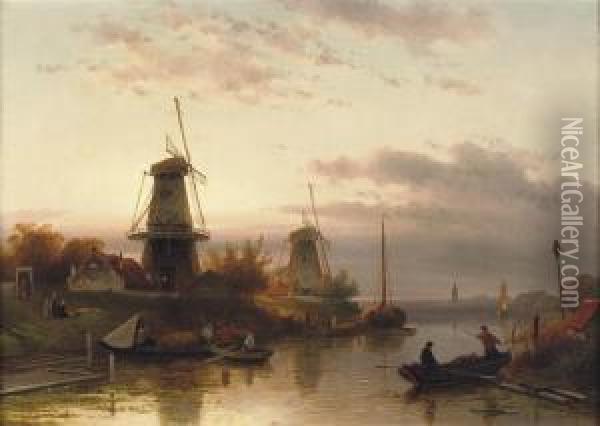 Windmills Along A River At Sunset Oil Painting - Charles Henri Leickert