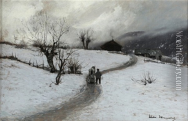 Mann Med Hest Og Slede Oil Painting - Ludvig Skramstad