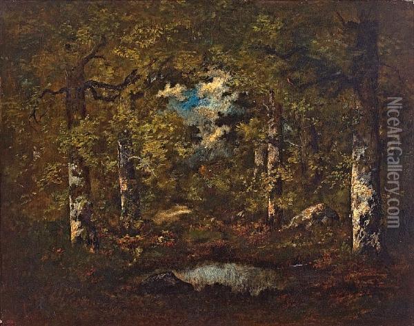 Birch Trees, Boulders And A Pond: Fontainebleau Forest Oil Painting - Narcisse-Virgile D Az De La Pena
