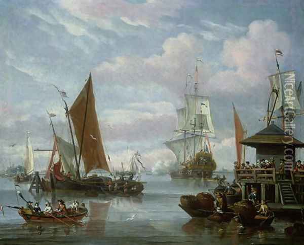 Estuary Scene with Boats and Fisherman Oil Painting - Johannes de Blaauw