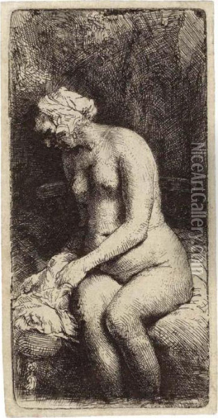 A Woman Bathing Her Feet At A Brook Oil Painting - Rembrandt Van Rijn