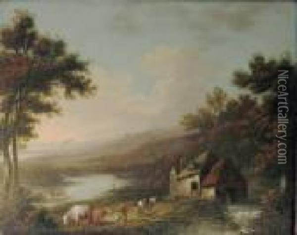 Landscape With Mill, Figures And Riverside Beyond Oil Painting - William James Muller