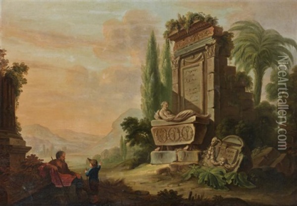 Jeune Garcon Avec Un Vieillard Pres D'une Fontaine Oil Painting - Jean Baptiste Lallemand