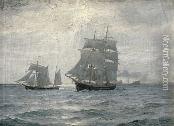 Segelschiffe Und Dampfschiff Auf See Im Sonnenlicht Oil Painting - Christian Benjamin Olsen