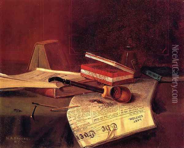 Still Life with Pipe, Tobacco and Matches Oil Painting - Nicholas Alden Brooks