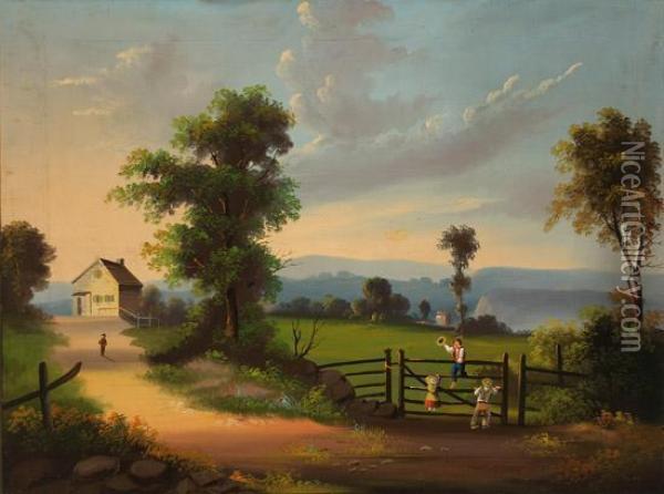 Children Playing On A Gate In A Country Landscape Oil Painting - John Kane