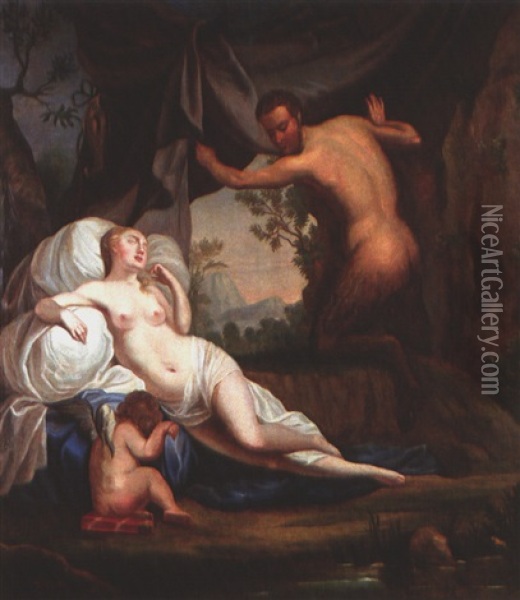 Faun Belauscht Eine Schafende Nymphe (+ Zeus Erscheint In Blitz Und Donner Der Semele; Pair) Oil Painting - Balthasar Beschey