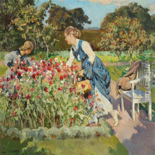 Sommerdag I Haven, Blomsterne Plukkes Oil Painting - Viggo Christian Frederick Pedersen