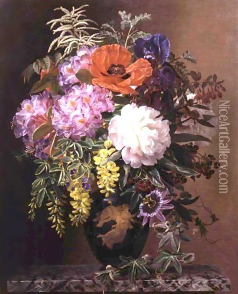 Red, Pink And White Roses And Orange, Yellow And Pink Primroses In An Etruscan Vase On A Marble Base Oil Painting - Johan Laurentz Jensen