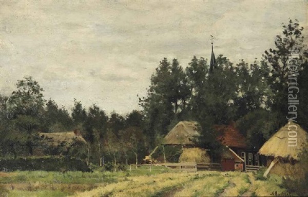 A Farm In A Wooded Summer Landscape Oil Painting - Nicolaas Bastert