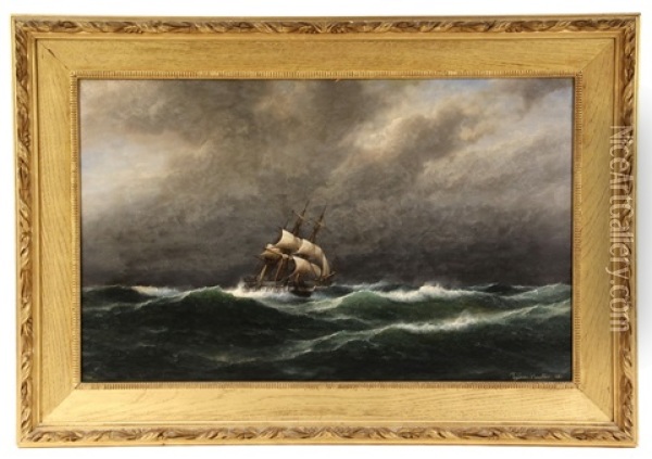 Barkentine Sailing Ship On Stormy Seas Oil Painting - Franz Johann (Wilhelm) Huenten